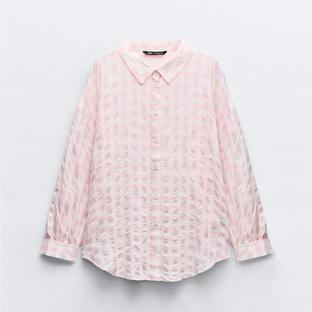 Zara Oversized Pink and White Gingham Shirt Small